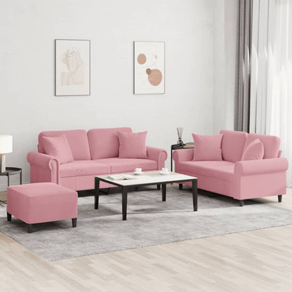 Set di Divani 3 pz con Cuscini Rosa in Velluto