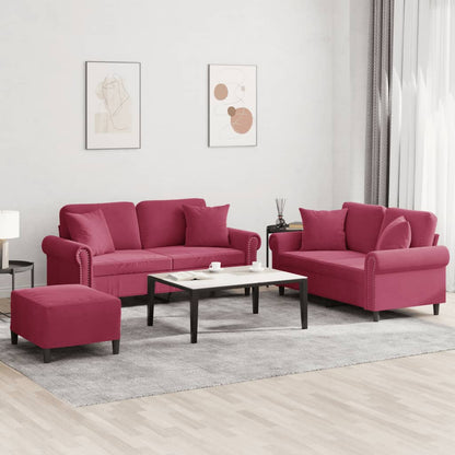 Set di Divani 3 pz con Cuscini Rosso Vino in Velluto