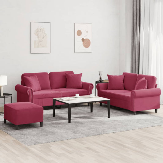 Set di Divani 3 pz con Cuscini Rosso Vino in Velluto