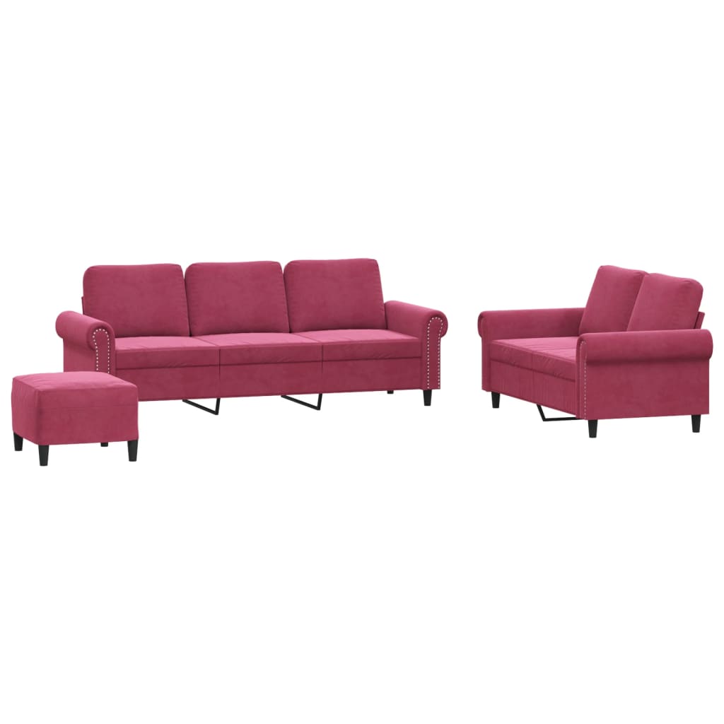 Set di Divani 3 pz con Cuscini Rosso Vino in Velluto | homemem39