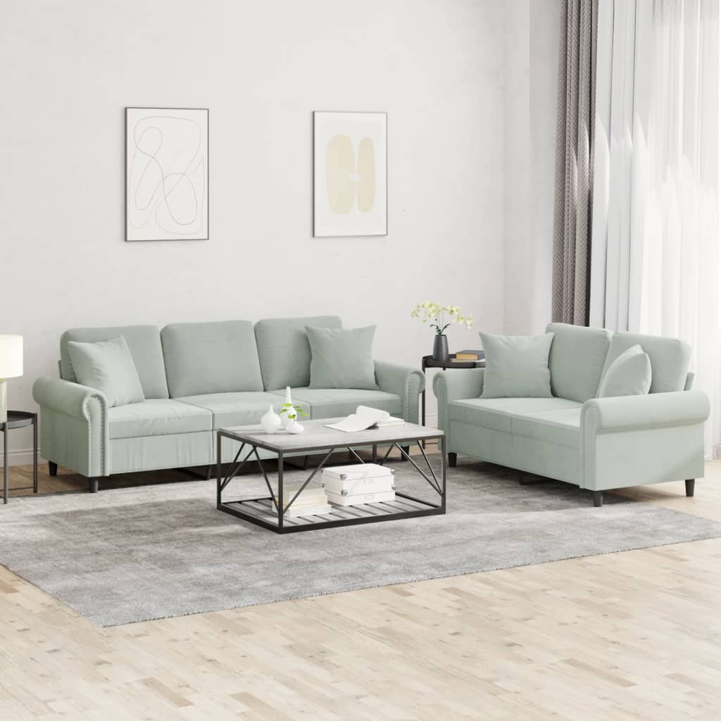 Set di Divani 2 pz con Cuscini Grigio Chiaro in Velluto | homemem39
