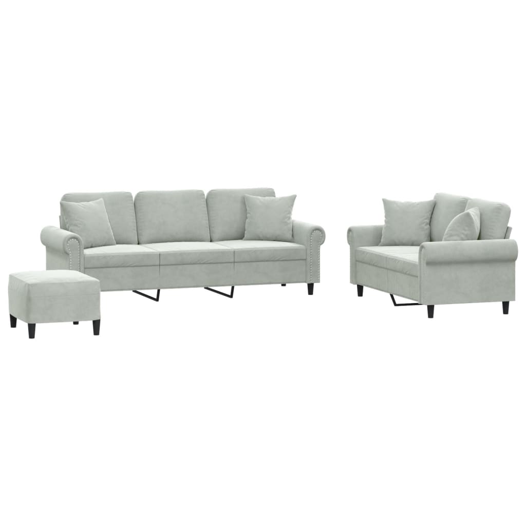 Set di Divani 3 pz con Cuscini Grigio Chiaro in Velluto | homemem39