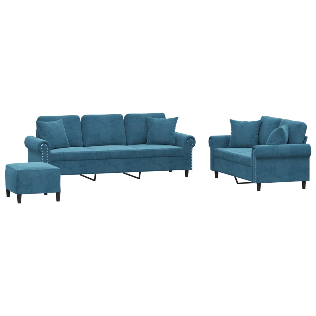 Set di Divani 3 pz con Cuscini Blu in Velluto | homemem39