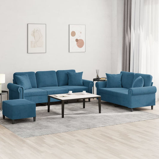 Set di Divani 3 pz con Cuscini Blu in Velluto