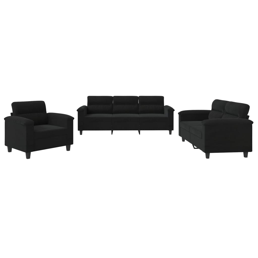 Set Divani 3 pz con Cuscini Nero in Tessuto Microfibra | homemem39
