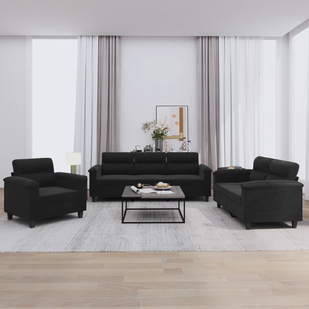 Set Divani 3 pz con Cuscini Nero in Tessuto Microfibra | homemem39