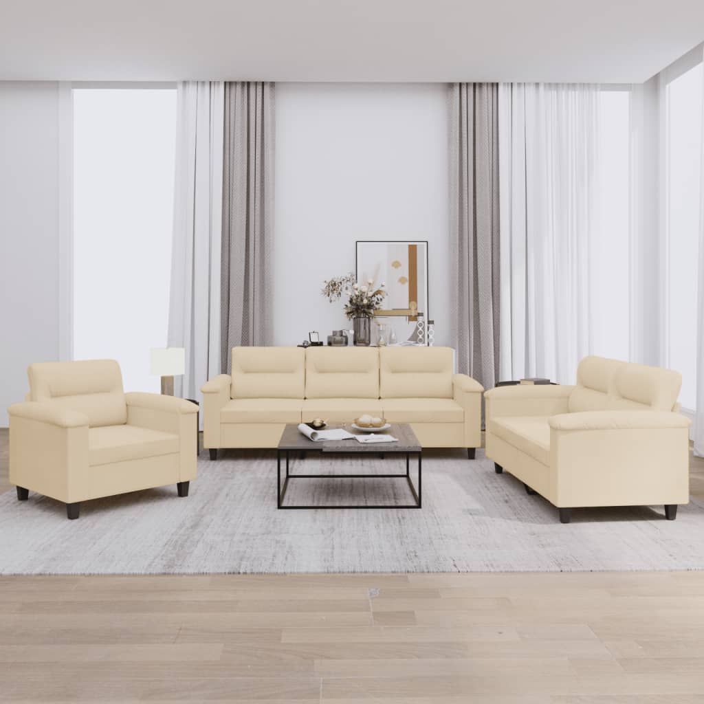 Set Divani 3 pz con Cuscini Crema in Tessuto Microfibra | homemem39