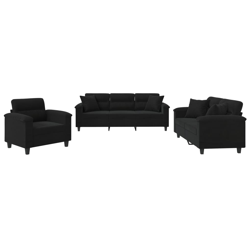 Set Divani 3 pz con Cuscini Nero in Tessuto Microfibra | homemem39