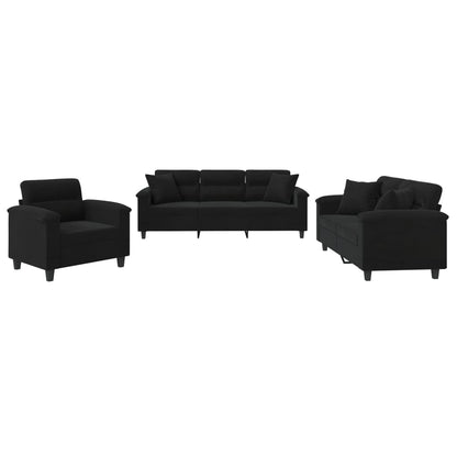 Set Divani 3 pz con Cuscini Nero in Tessuto Microfibra | homemem39
