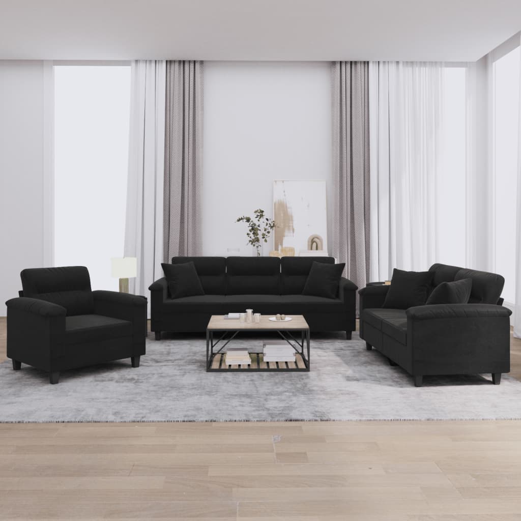Set Divani 3 pz con Cuscini Nero in Tessuto Microfibra | homemem39
