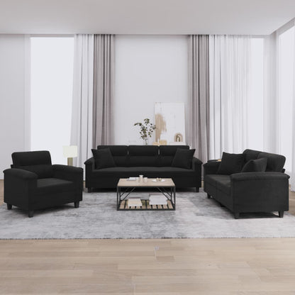 Set Divani 3 pz con Cuscini Nero in Tessuto Microfibra | homemem39