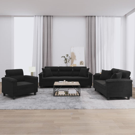 Set Divani 3 pz con Cuscini Nero in Tessuto Microfibra | homemem39