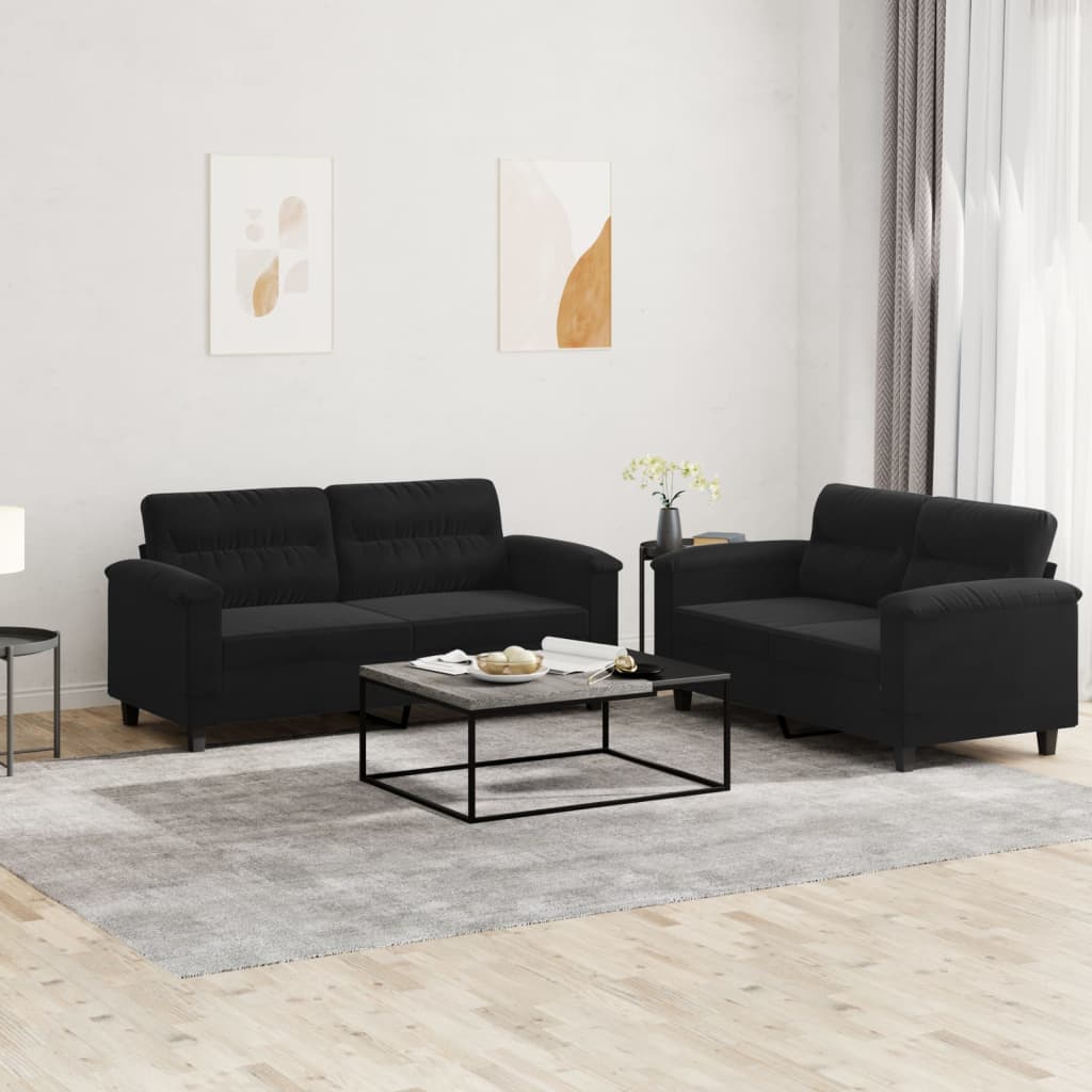 Set Divani 2 pz con Cuscini Nero in Tessuto Microfibra | homemem39