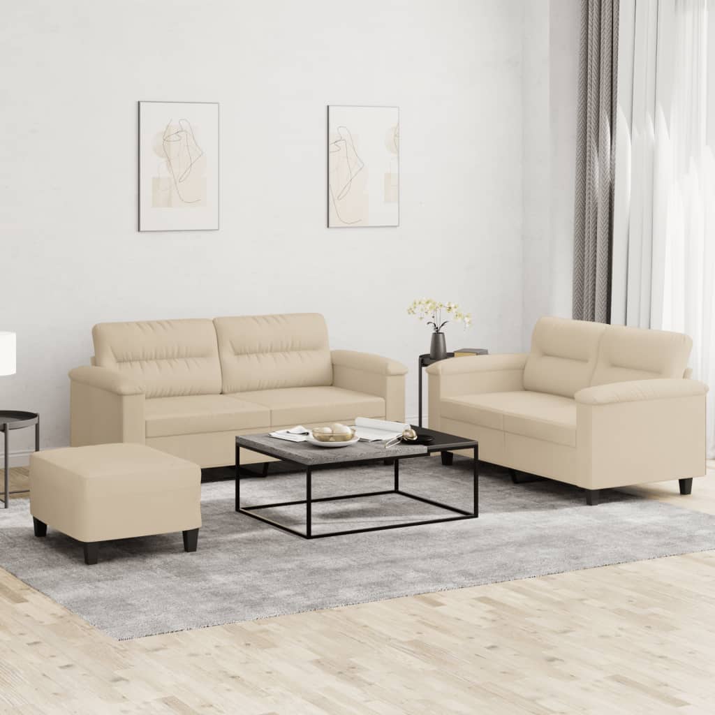 Set Divani 3 pz con Cuscini Crema in Tessuto Microfibra | homemem39
