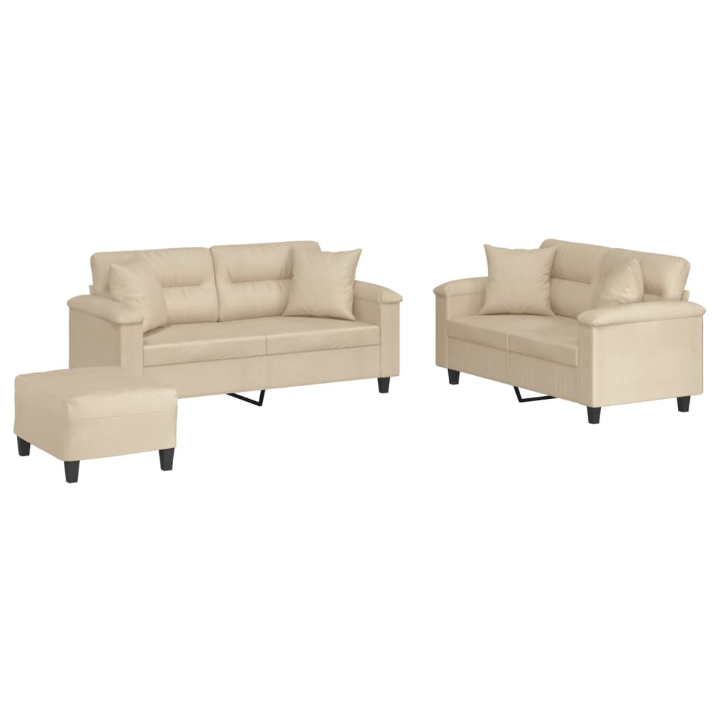 Set Divani 3 pz con Cuscini Crema in Tessuto Microfibra | homemem39