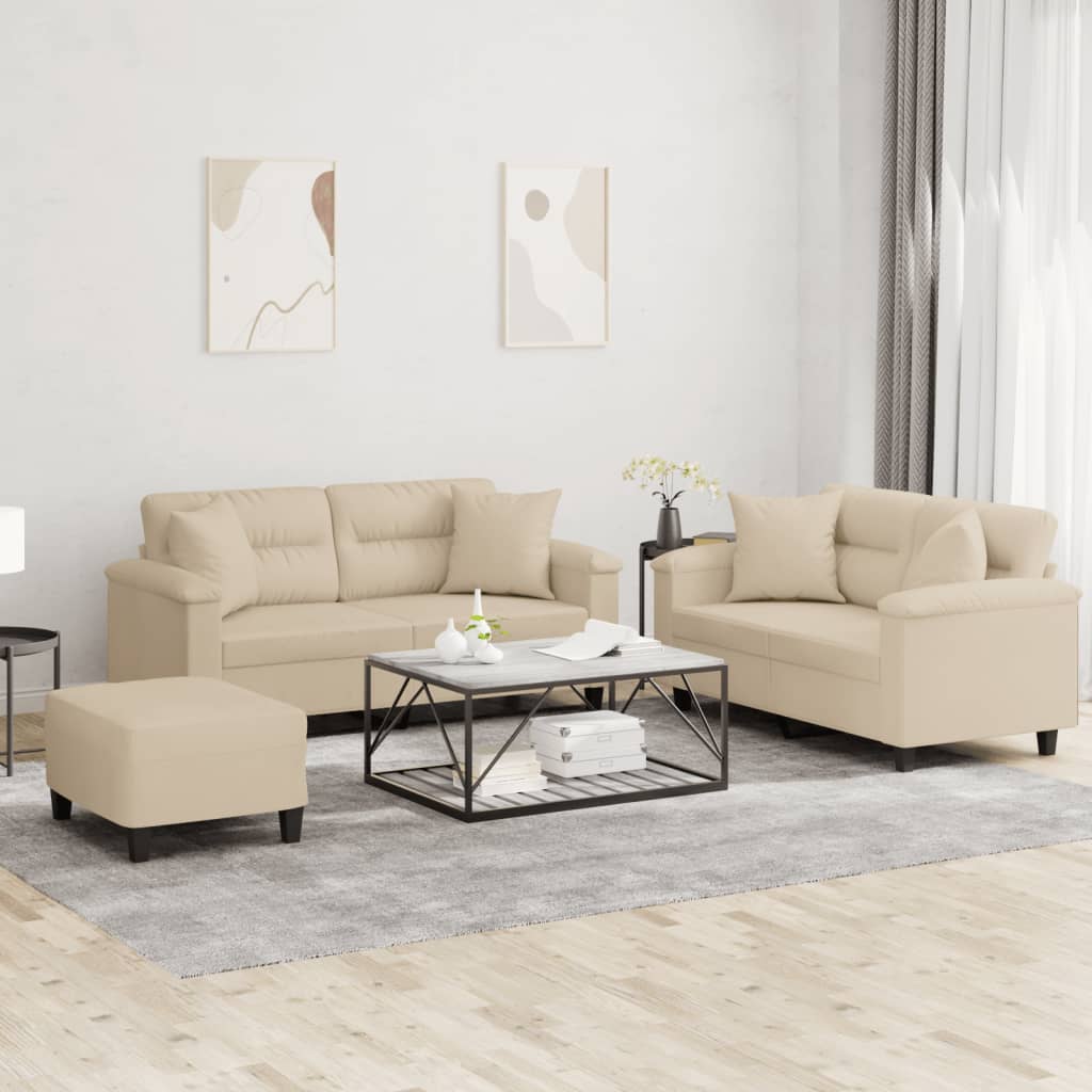 Set Divani 3 pz con Cuscini Crema in Tessuto Microfibra | homemem39