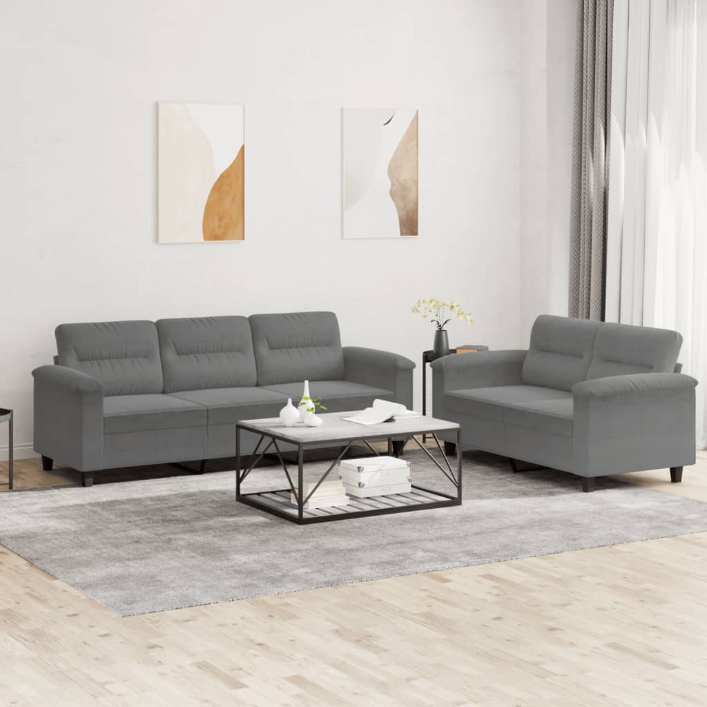 Set Divani 2 pz con Cuscini Grigio Scuro in Tessuto Microfibra | homemem39