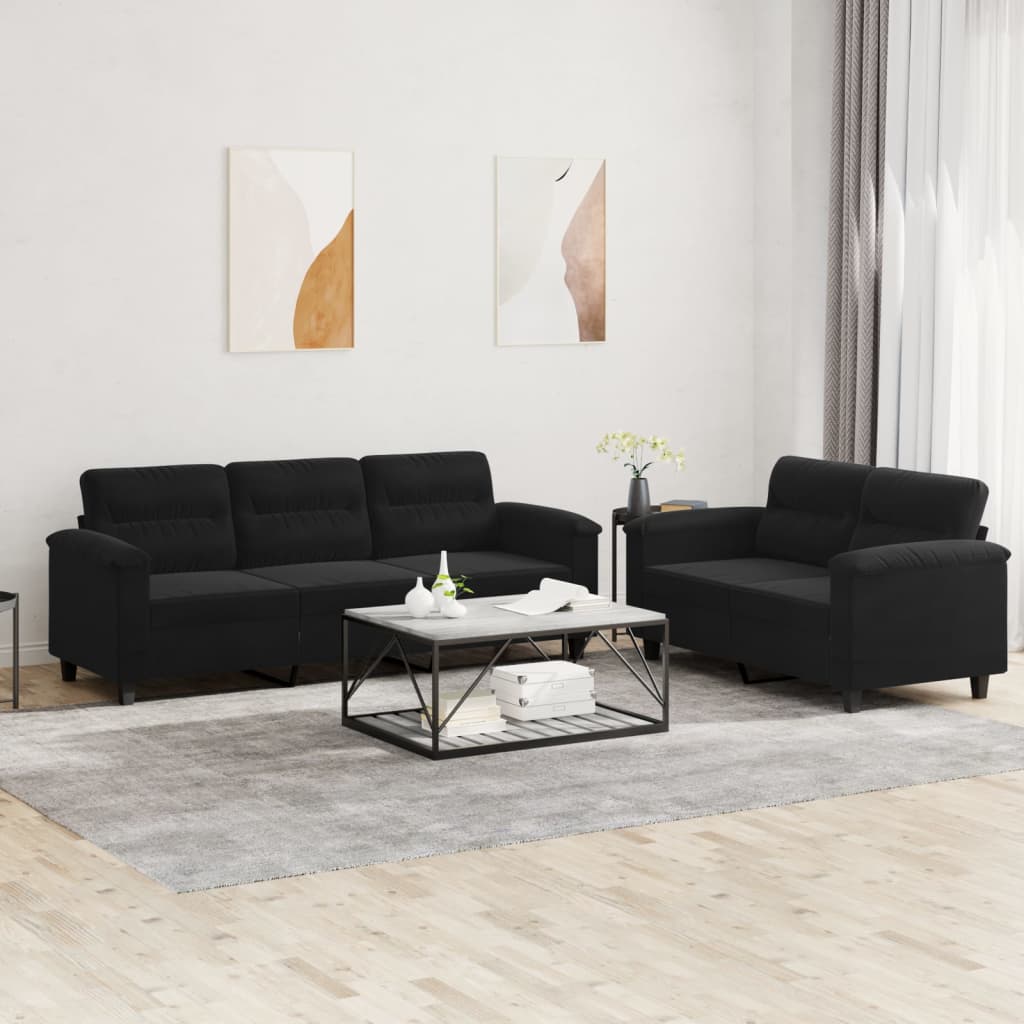 Set Divani 2 pz con Cuscini Nero in Tessuto Microfibra | homemem39