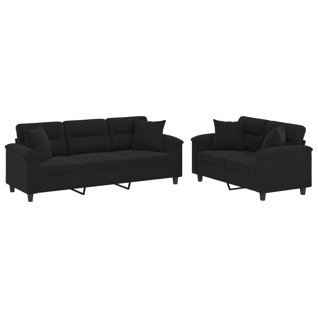 Set Divani 2 pz con Cuscini Nero in Tessuto Microfibra | homemem39