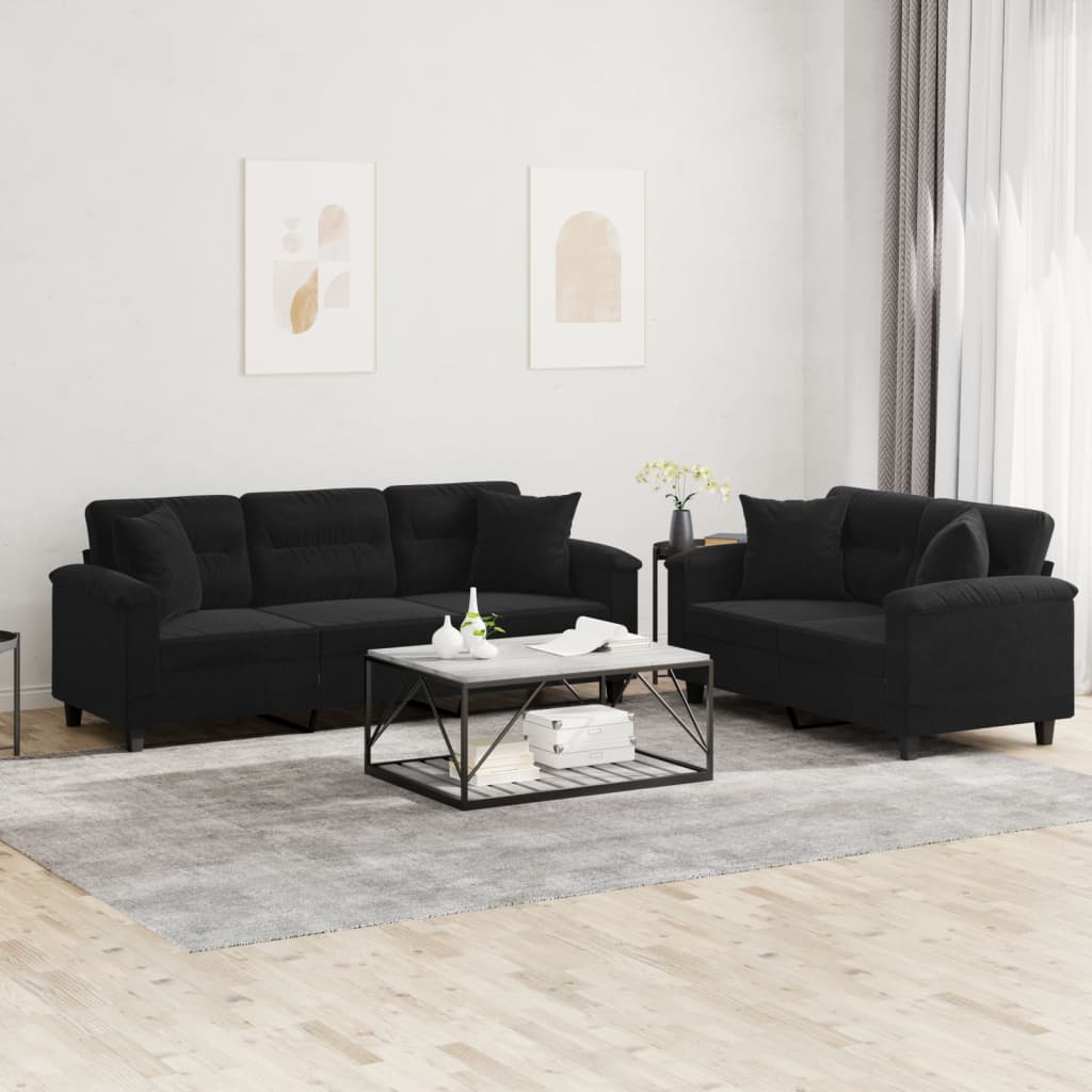 Set Divani 2 pz con Cuscini Nero in Tessuto Microfibra | homemem39