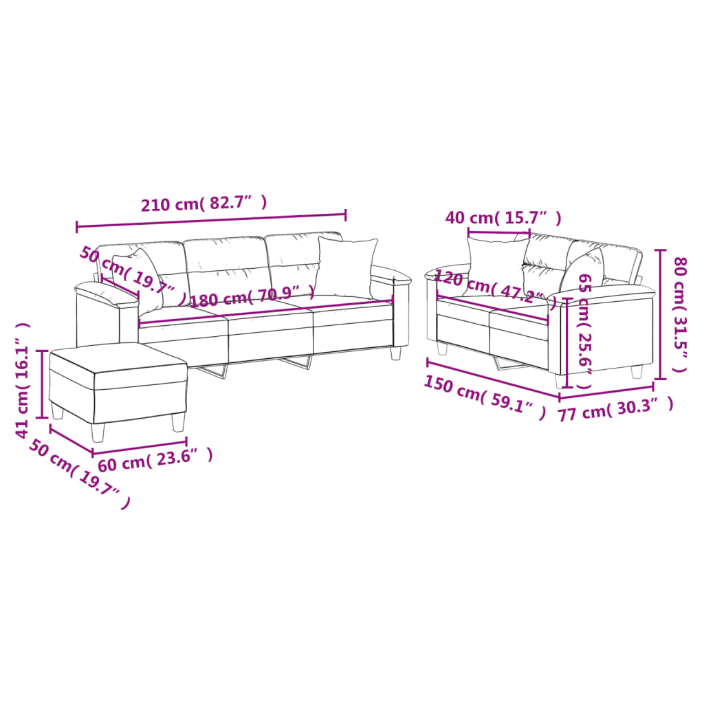 Set Divani 3 pz con Cuscini Grigio Scuro in Tessuto Microfibra