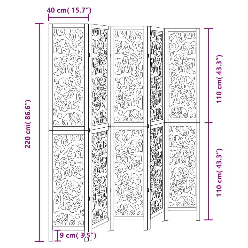 Divisorio Ambienti 5 Pannelli Nero Legno Massello di Paulownia - homemem39