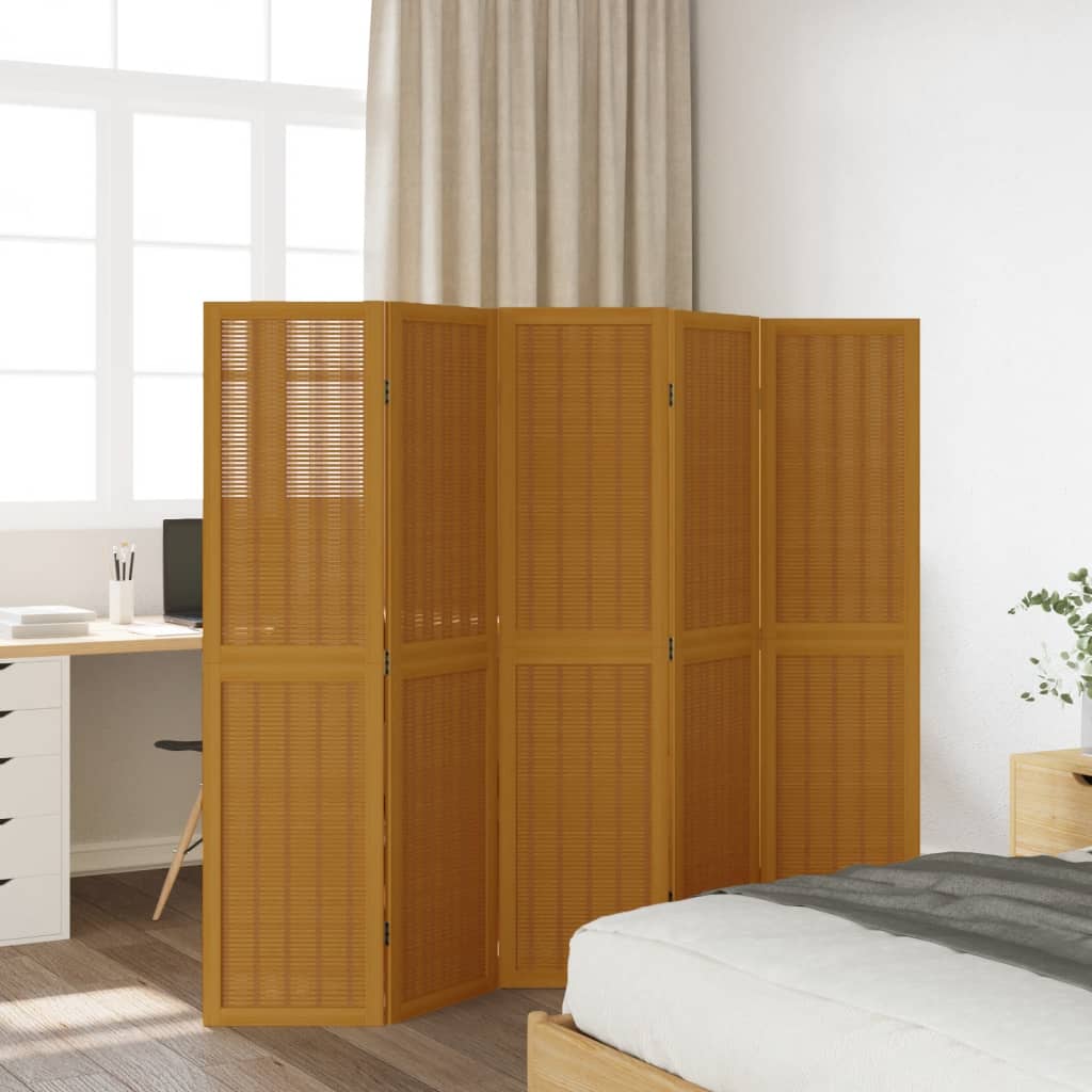 Divisorio Ambienti 5 Pannelli Marrone Legno Massello Paulownia - homemem39