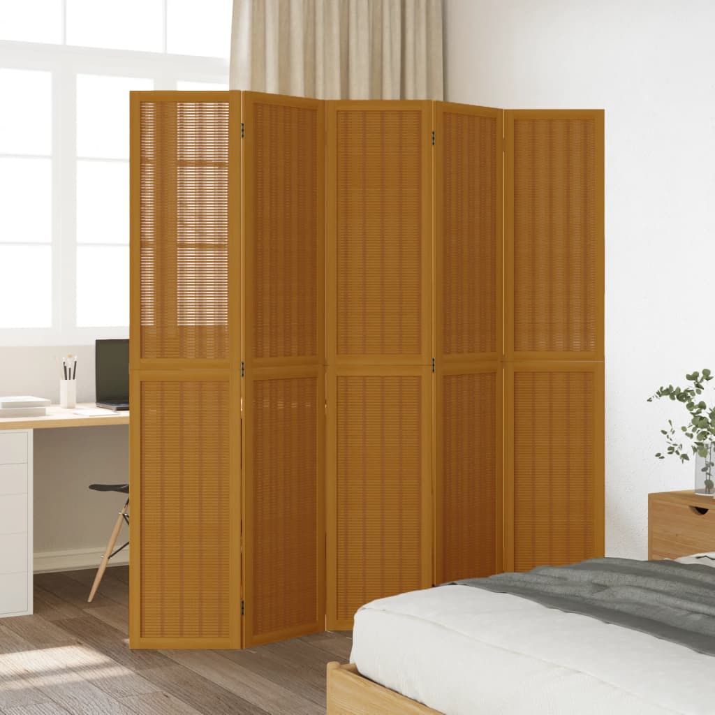 Divisorio Ambienti 5 Pannelli Marrone Legno Massello Paulownia - homemem39