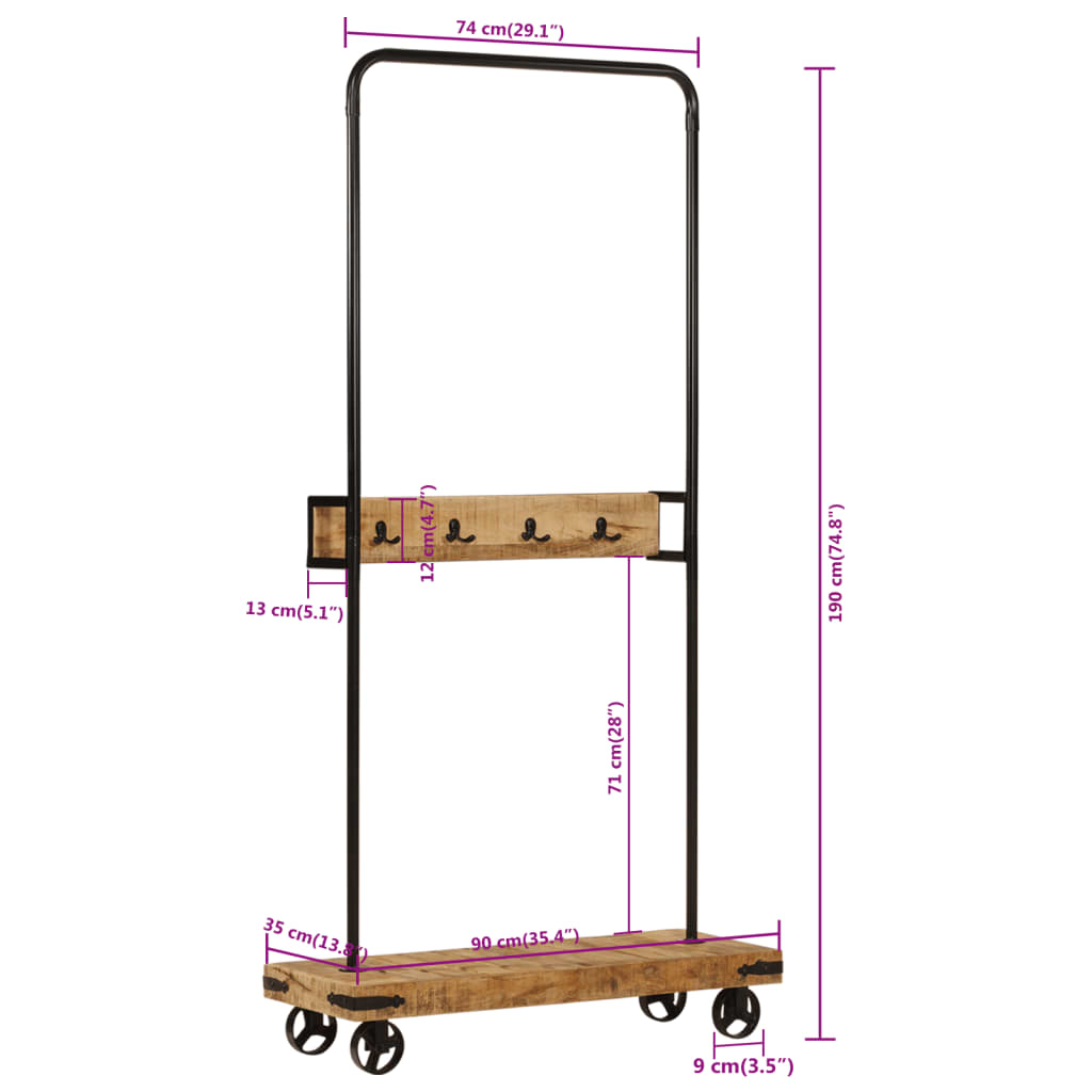 Appendiabiti con Ruote 90x35x190cm Legno Massello Mango e Ferro - homemem39