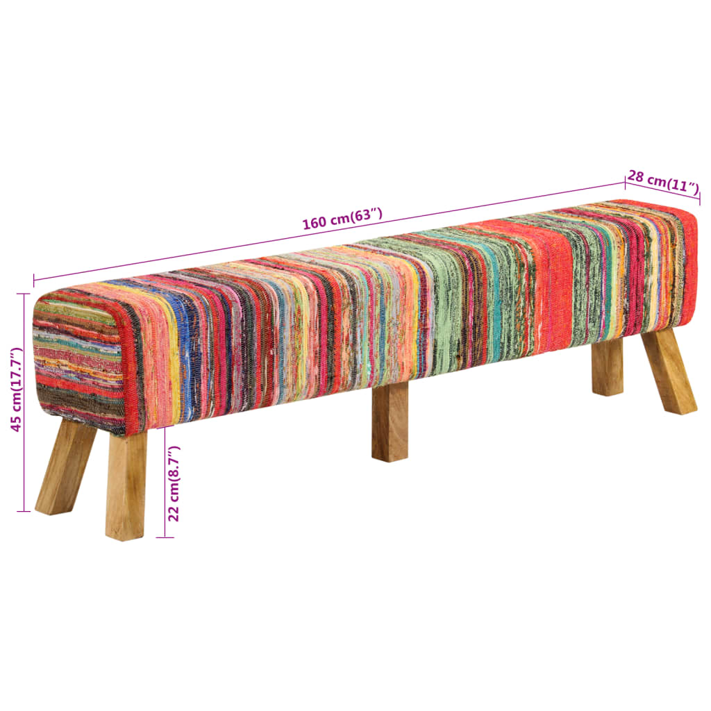 Panca Multicolore 160 cm Tessuto Chindi e Legno Massello Mango | homemem39