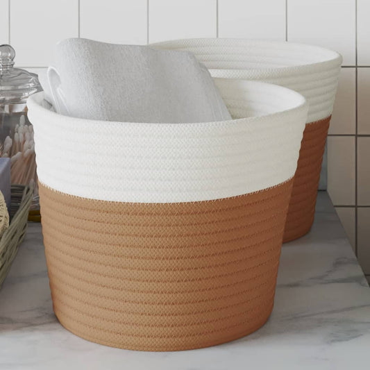 Cestini Portaoggetti 2pz Marrone e Bianco Ø24x18 cm in Cotone - homemem39