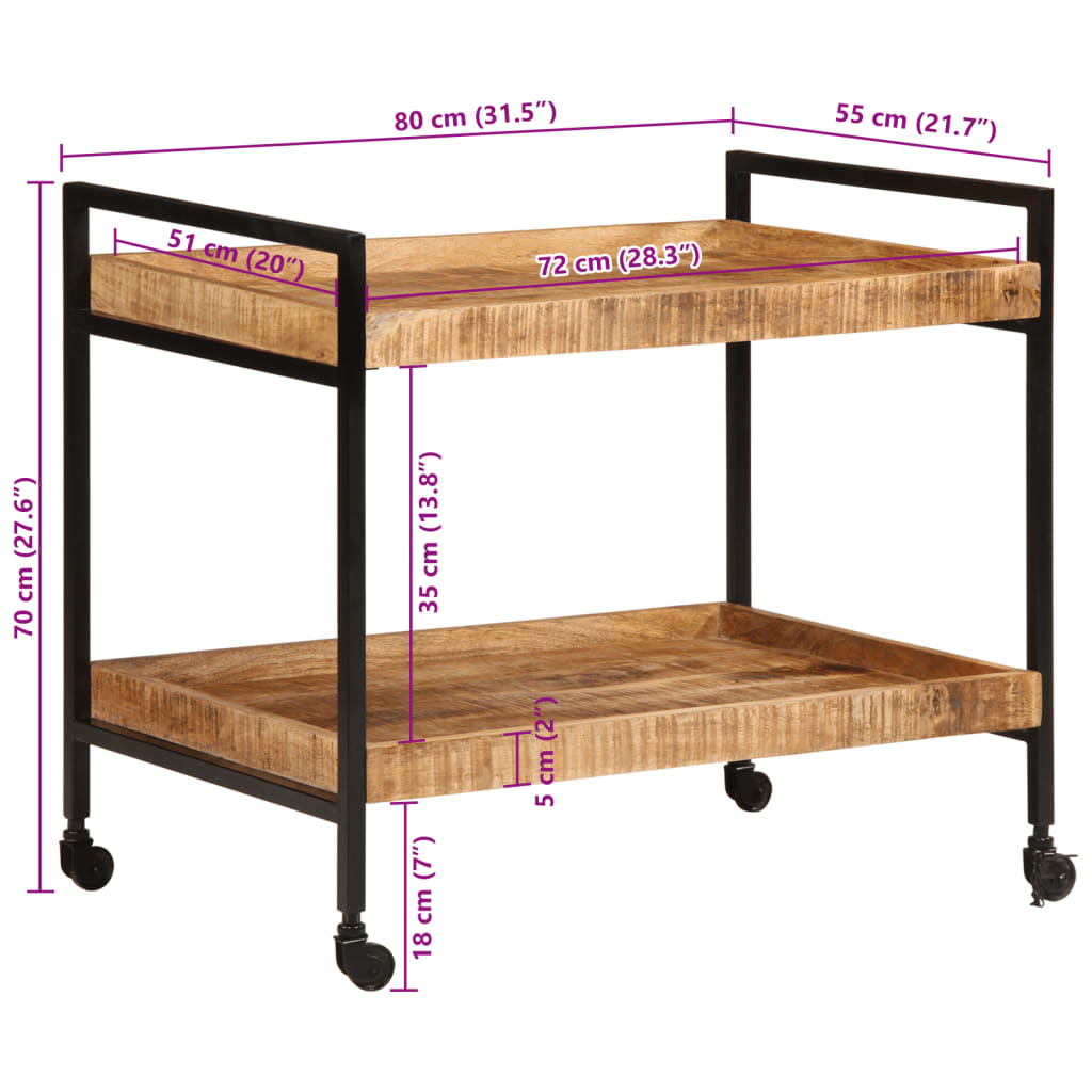 Carrello da Cucina 80x55x70 cm Legno Massello di Mango Grezzo - homemem39