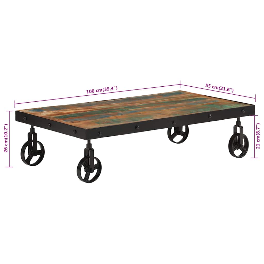 Tavolino Salotto con Ruote Legno Massello Recupero 100x55x26 cm | homemem39