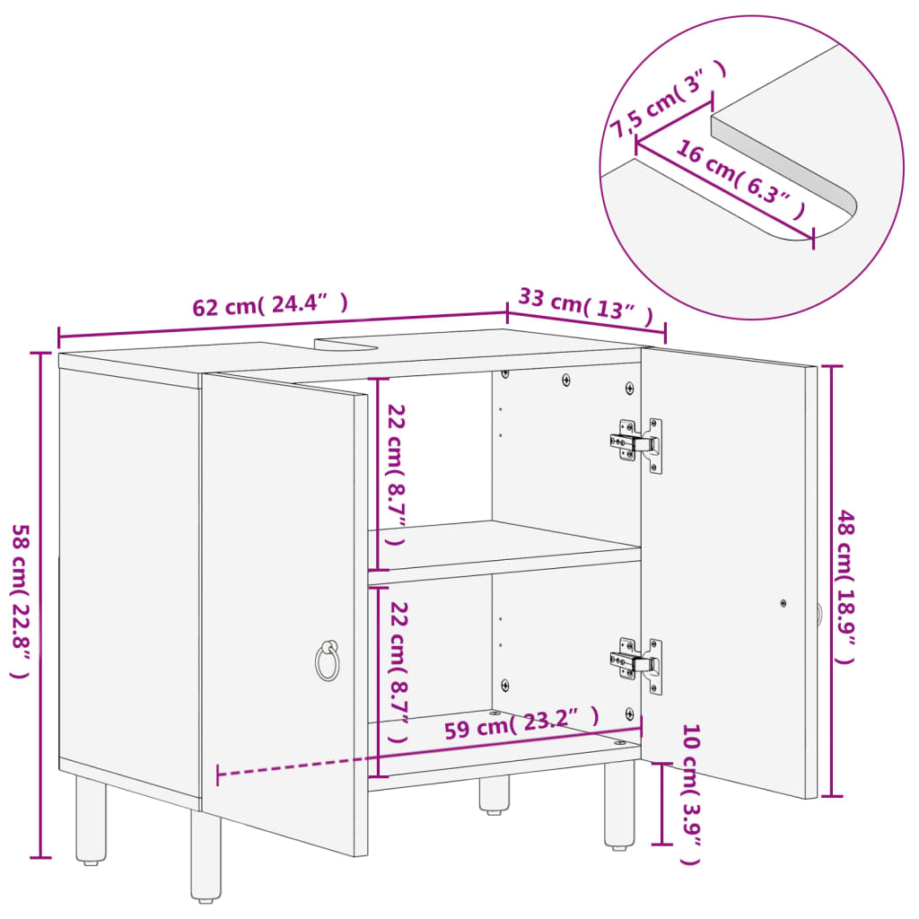 Mobile Lavabo da Bagno 62x33x58cm in Legno Massello di Mango | homemem39