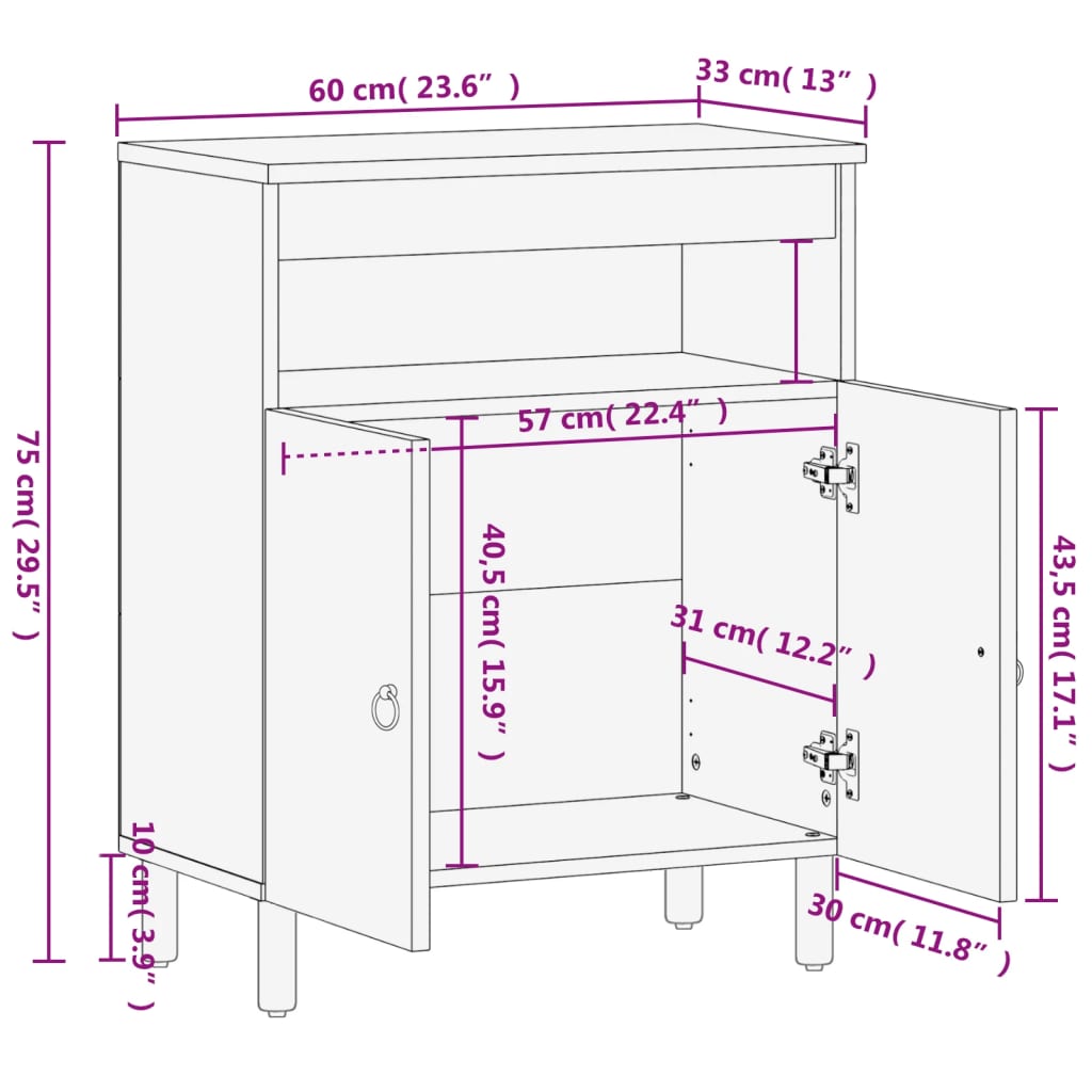 Credenza 60x33x75 cm in Legno Massello di Mango - homemem39