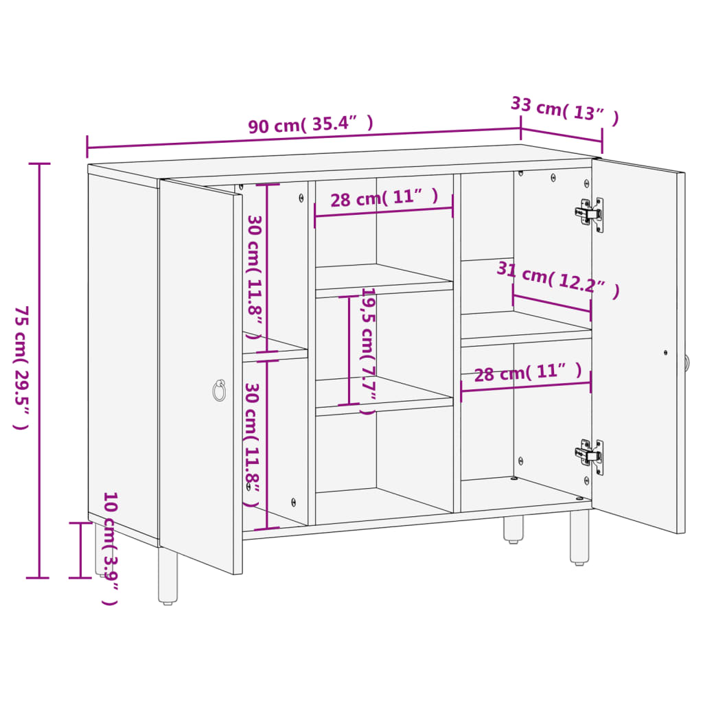 Credenza 90x33x75 cm in Legno Massello di Mango