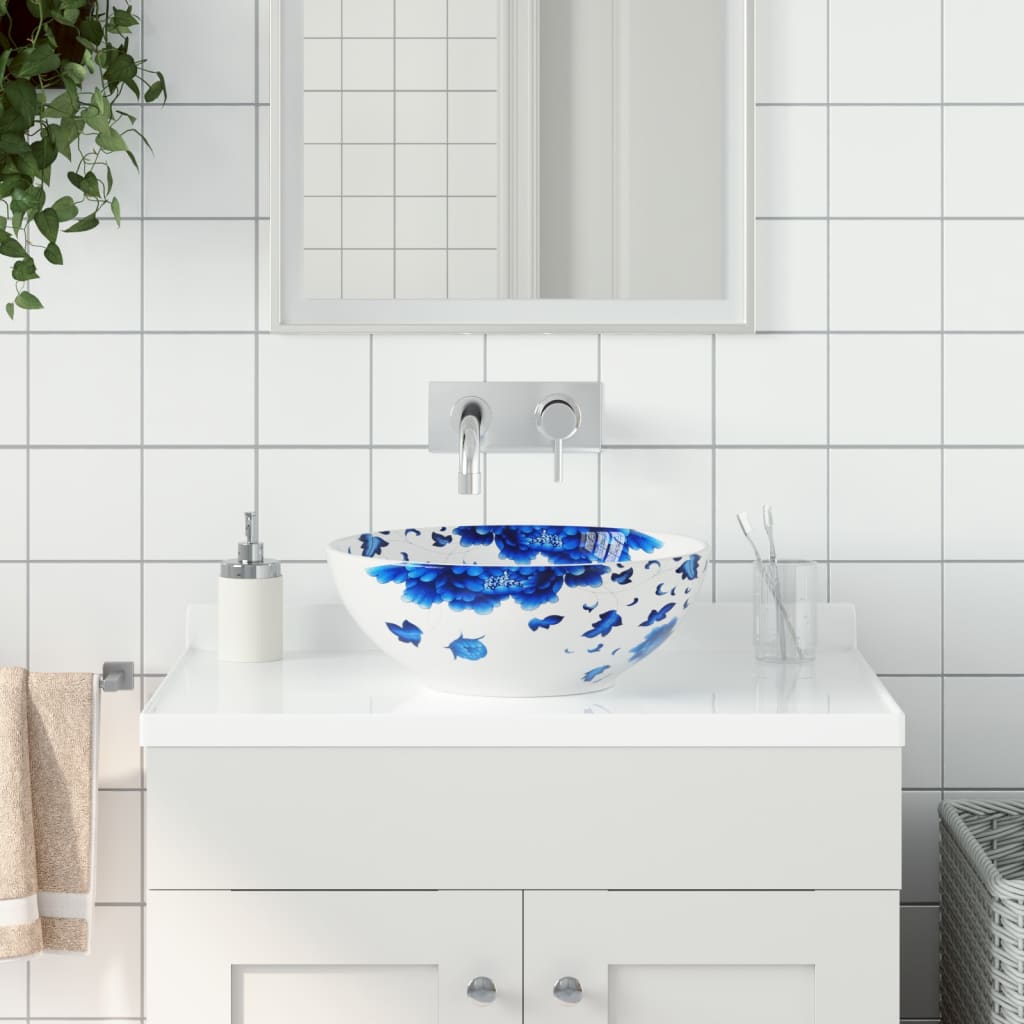 Lavabo da Appoggio Bianco e Blu Rotondo Φ41x14 cm Ceramica - homemem39