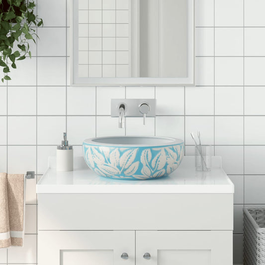 Lavabo da Appoggio Bianco e Blu Rotondo Φ41x14 cm Ceramica