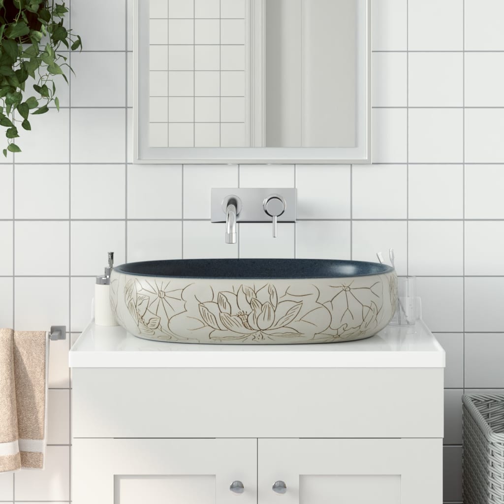 Lavabo da Appoggio Sabbia e Blu Ovale 59x40x14 cm Ceramica - homemem39