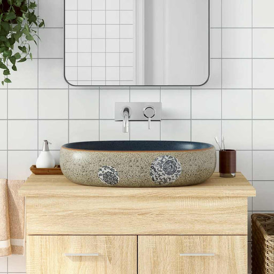 Lavabo da Appoggio Sabbia e Blu Ovale 59x40x14 cm Ceramica | homemem39