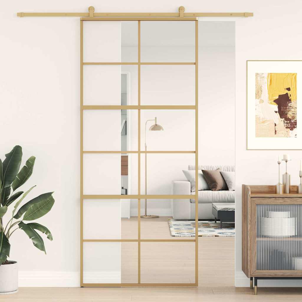 Porta Scorrevole Dorata 90x205 Vetro Trasparente ESG Alluminio | homemem39