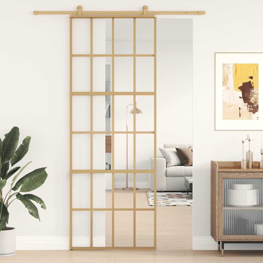 Porta Scorrevole Dorata 76x205 Vetro Trasparente ESG Alluminio | homemem39