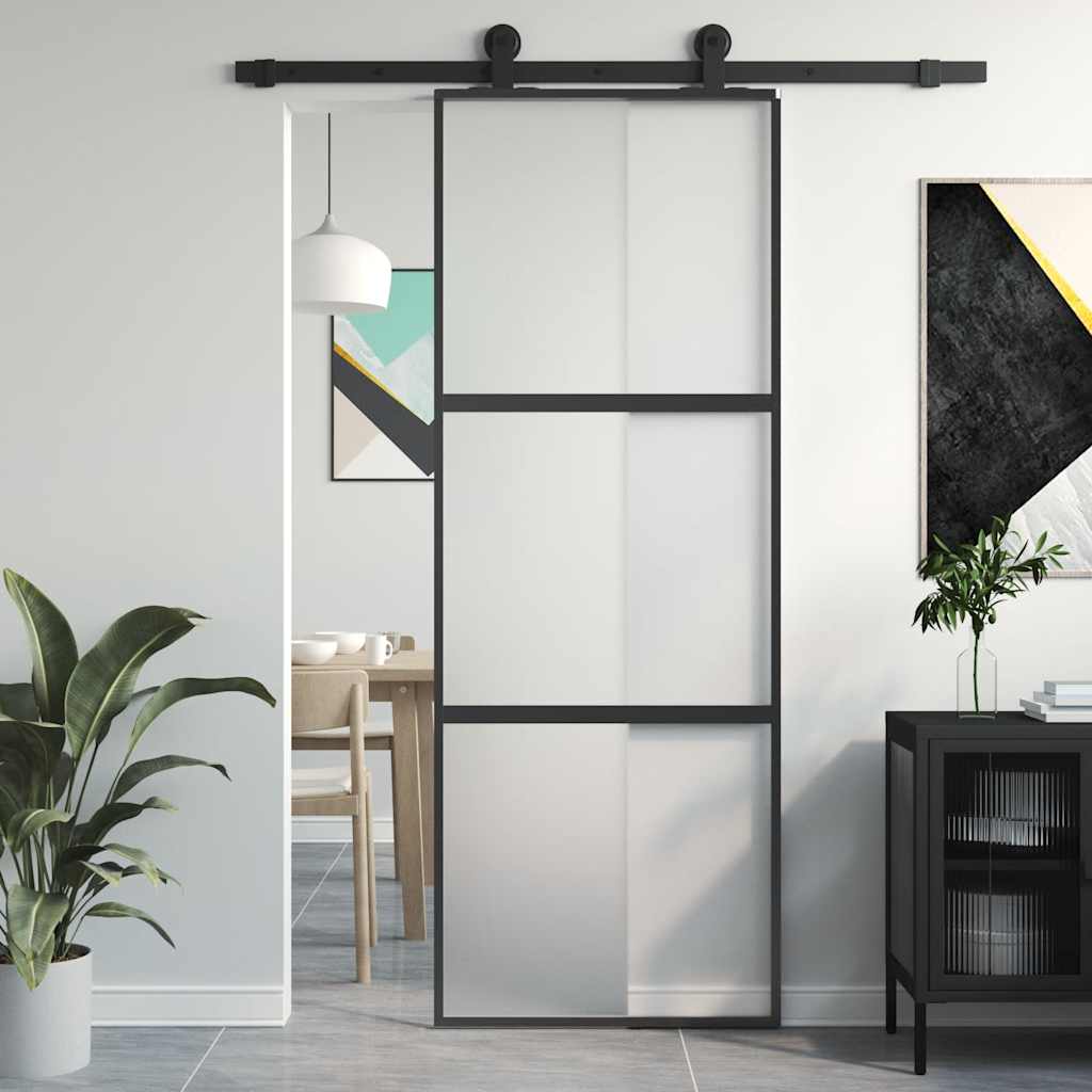 Porta Scorrevole Nera 76x205 cm in Vetro Temperato e Alluminio | homemem39