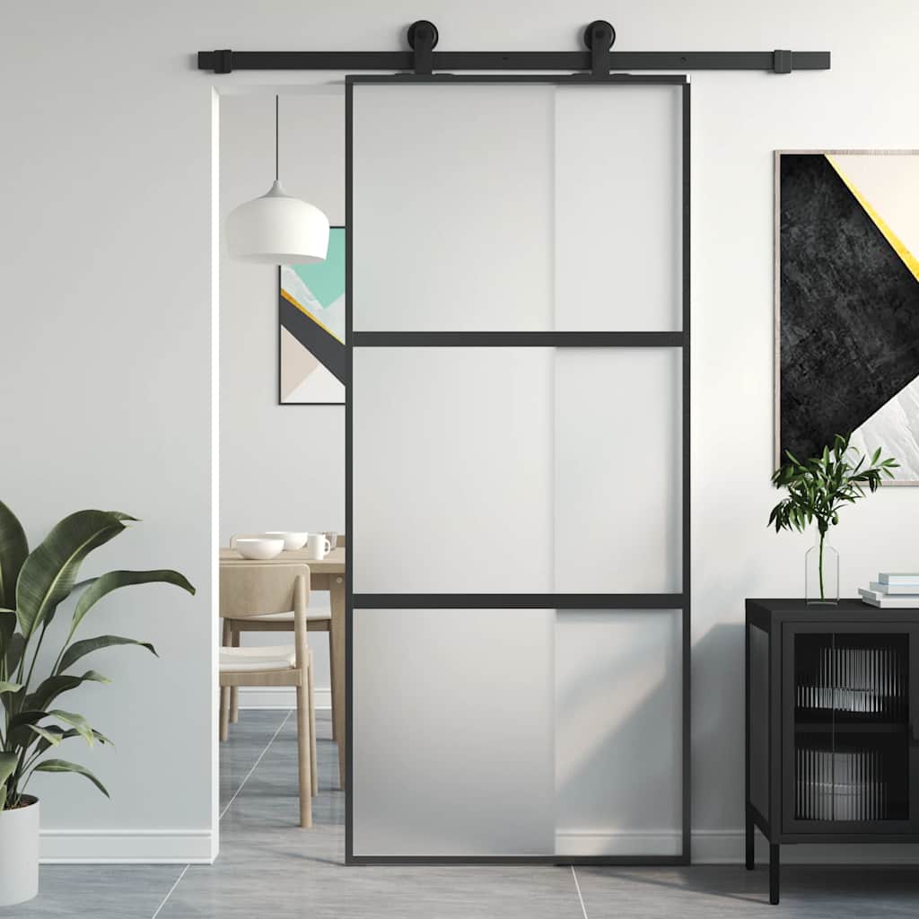 Porta Scorrevole Nera 90x205 cm in Vetro Temperato e Alluminio | homemem39