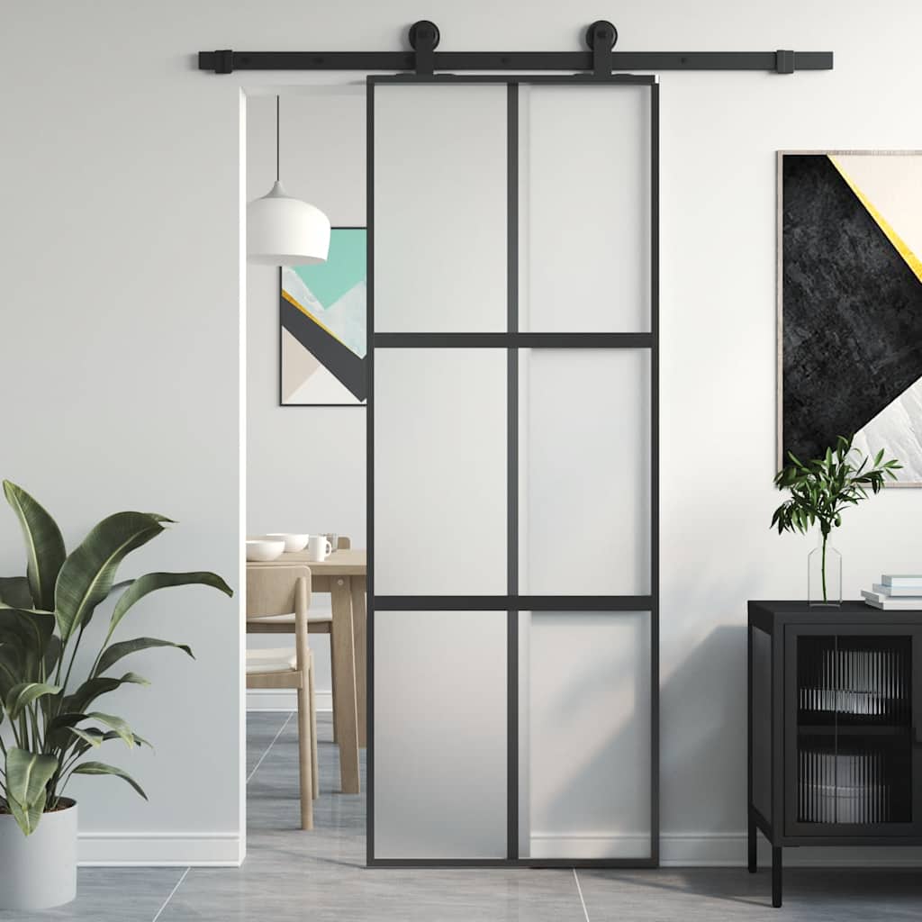 Porta Scorrevole Nera 76x205 cm in Vetro Temperato e Alluminio | homemem39