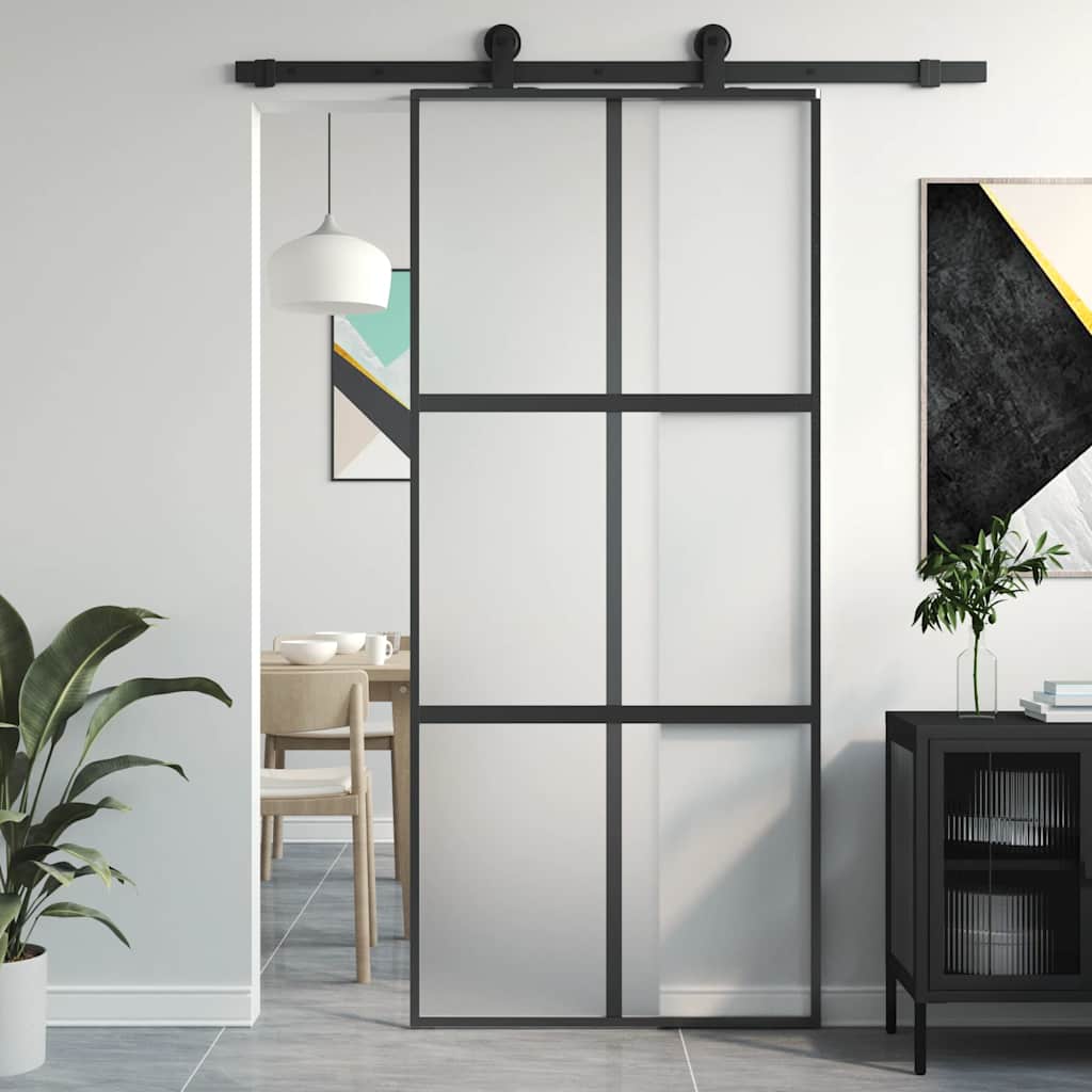 Porta Scorrevole Nera 90x205 cm in Vetro Temperato e Alluminio | homemem39