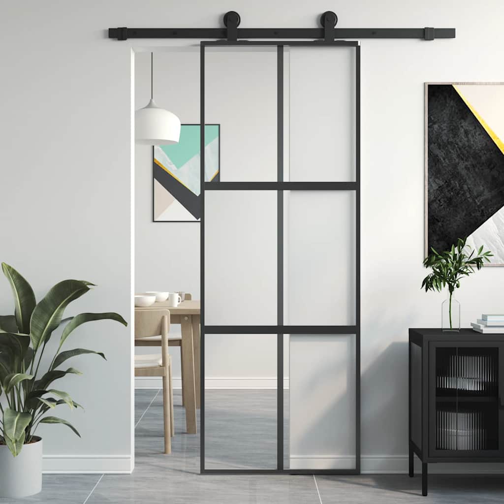 Porta Scorrevole Nera 76x205 cm in Vetro Temperato e Alluminio | homemem39