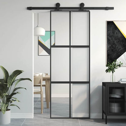 Porta Scorrevole Nera 76x205 cm in Vetro Temperato e Alluminio | homemem39