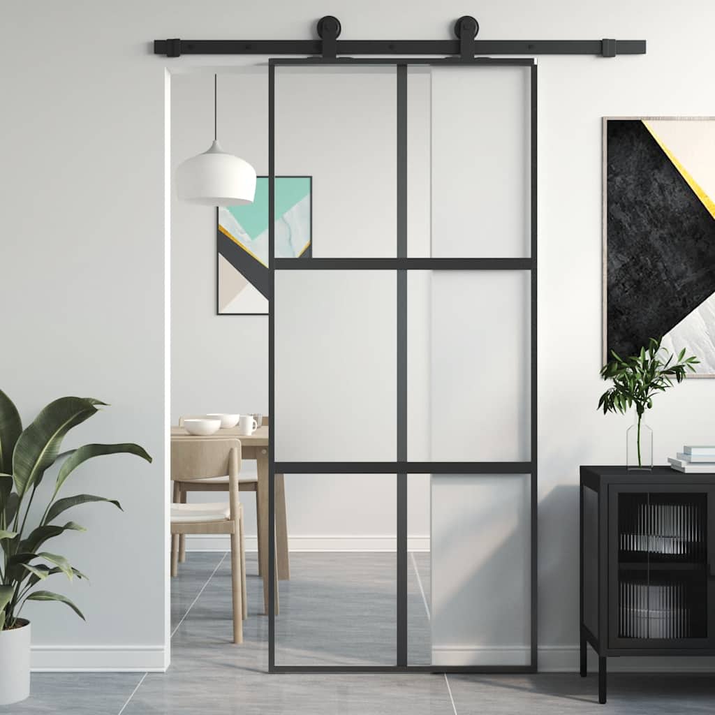 Porta Scorrevole Nera 90x205 cm in Vetro Temperato e Alluminio | homemem39