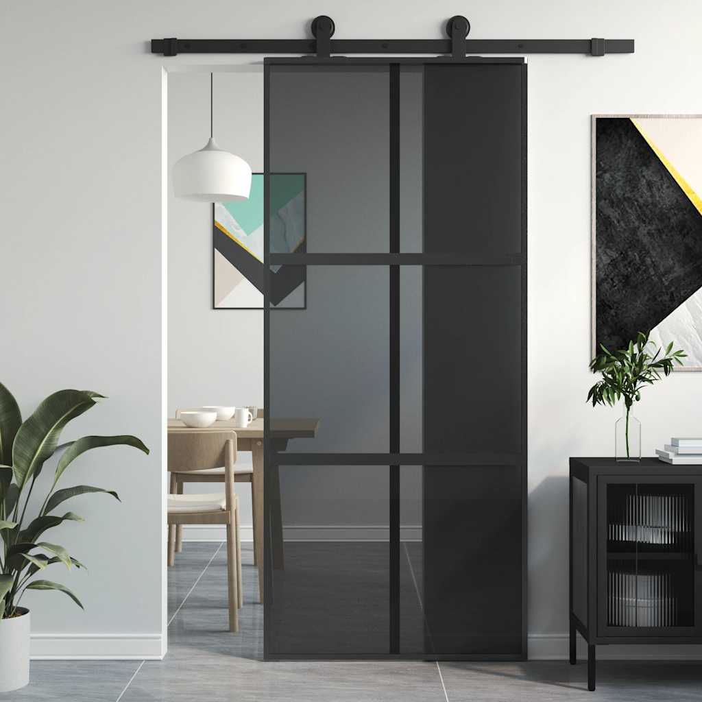 Porta Scorrevole Nera 90x205 cm in Vetro Temperato e Alluminio | homemem39